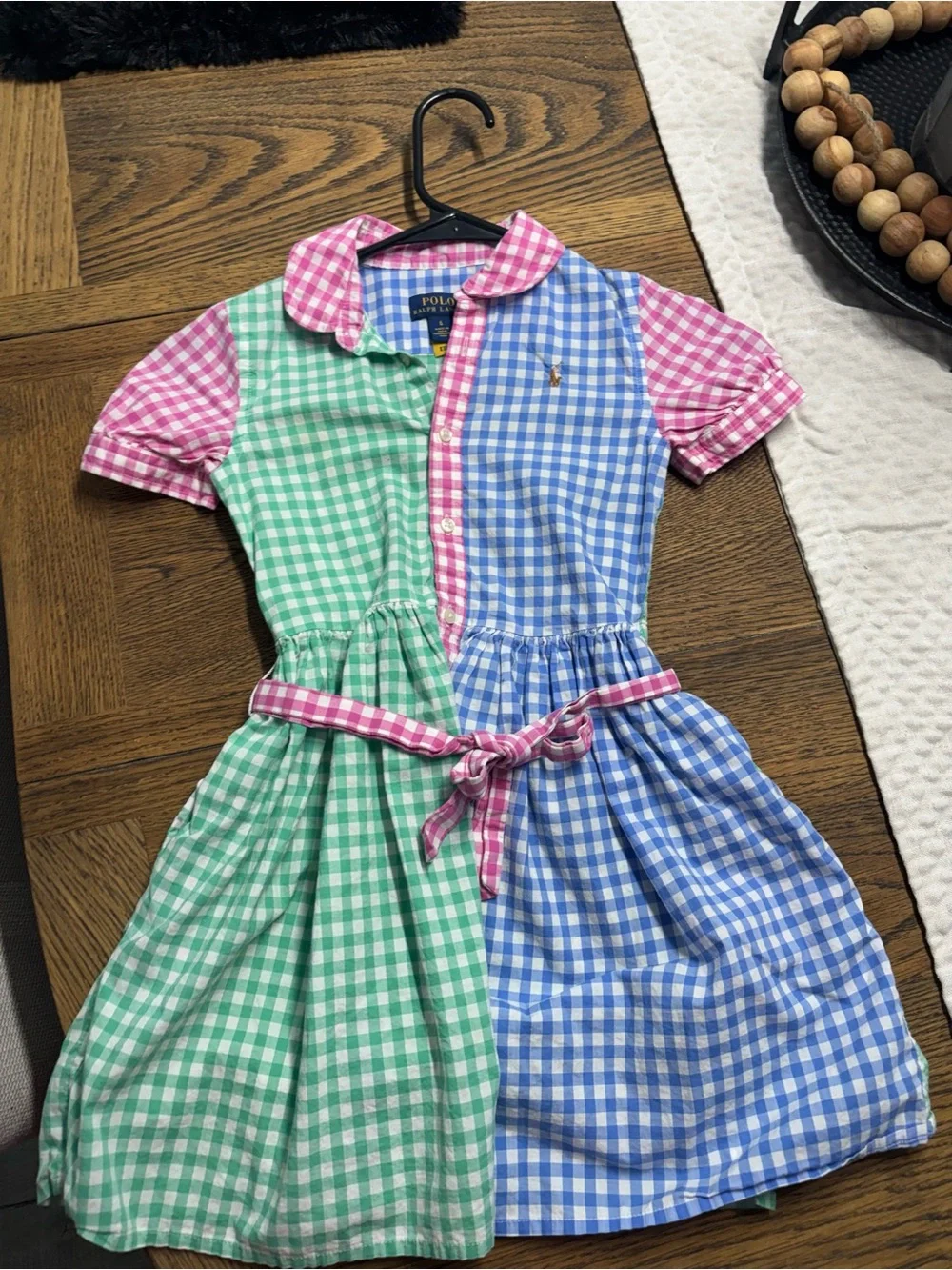 Ralph Lauren Green & Blue Gingham Polo Dress with Pink Trim